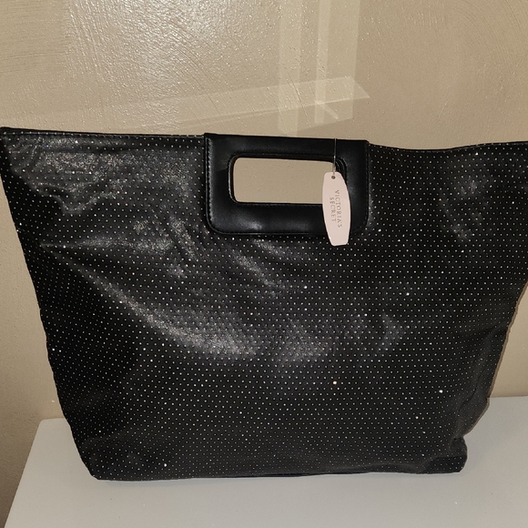 Victoria's Secret Black Glitter Studded Tote Bag NWT Sparkles - Picture 1 of 9